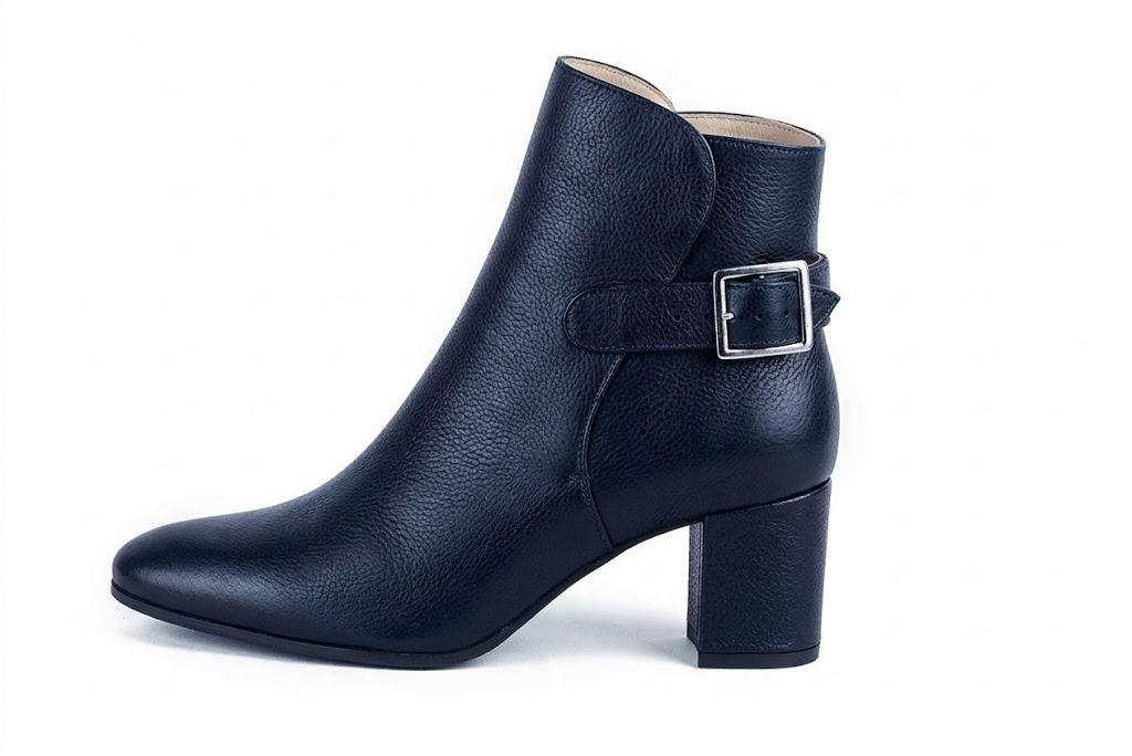 Sophisticated leather ankle boots detailed with an elegant back buckle and heel-strap finish for a distinct couture look, in navy blue leather with round toe and mid block heel - Florence KOOIJMAN